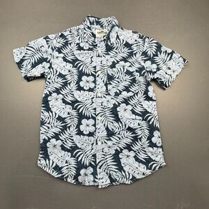 Emotion Hawaiian Shirt Men's Large Blue White Floral Aloha Button Up Top Boho
